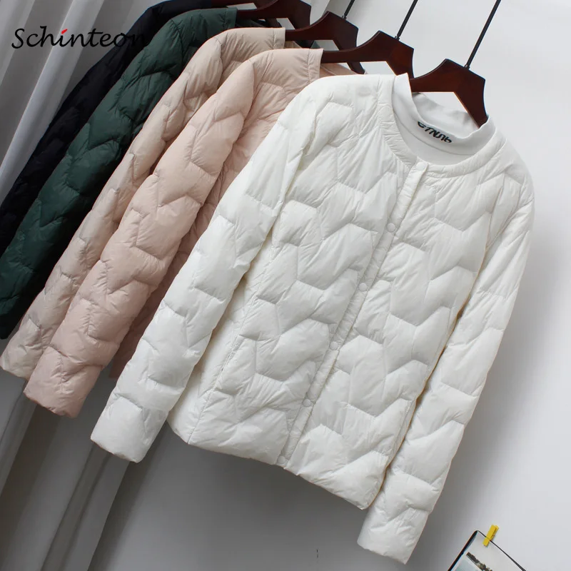 Schinteon Women Ultralight White Duck Down Jacket Casual Short Coat Thin Inner Bottoming Garment Spring Autumn Outwear New