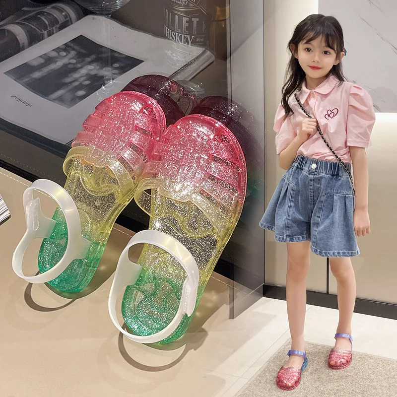 Summer Children Sandals Girls Gradient Color Princess Shoes PVC Non-slip Jelly Shoes Kids Breathable Beach Sandals Zapatos Niña