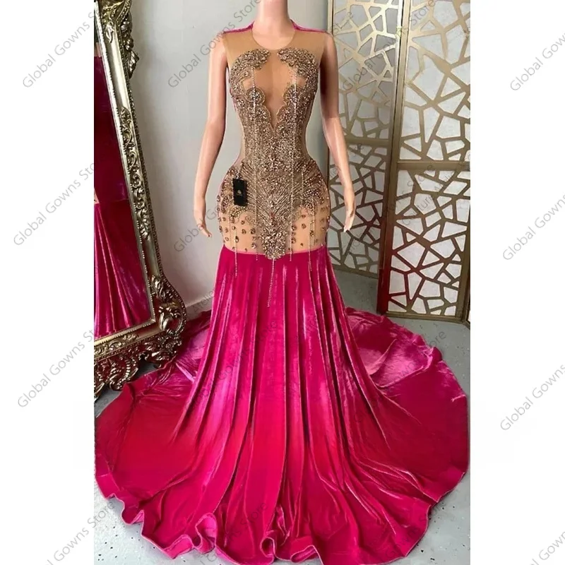 

Fuchsia Crystal Diamond Prom Dresses 2026 Black Girls Graduation Prom African Tassel Party Evening Dress Customized