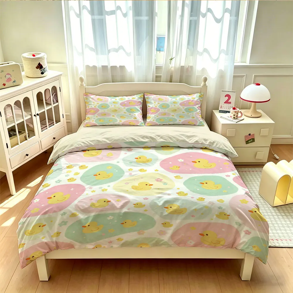 3PCS Cute Little Yellow Duck Color Block Duvet Cover Set (No Insert), Soft Bedding Decoration, Machine Washable Multiple Size