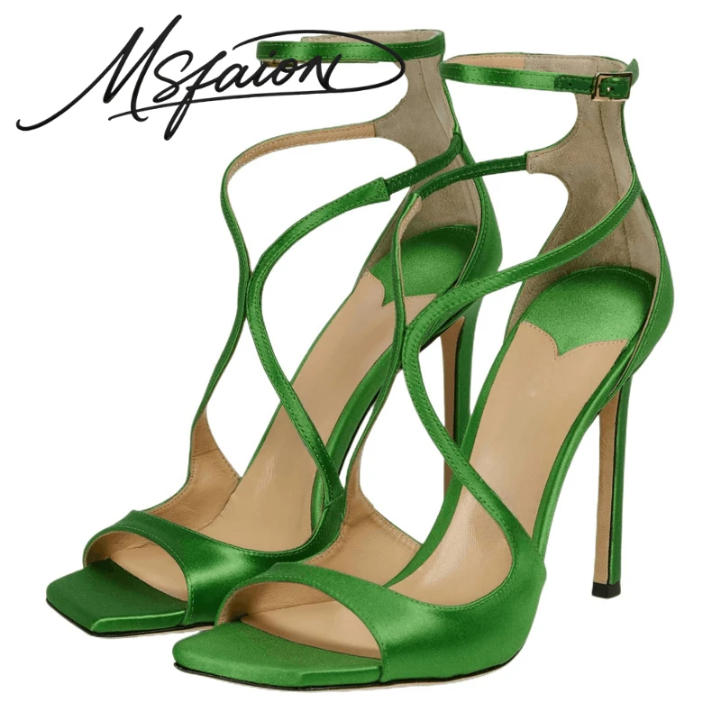 2026 Summer Satin Strap High Heel Sandals Women Square Open Toe Ankle Stiletto Sandals Plus Size Fairy StyleG627