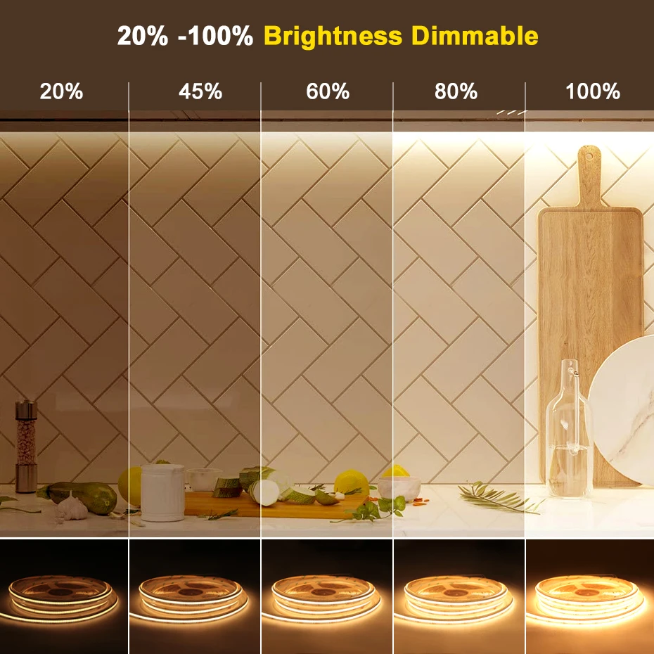 2700K-6000K CCT COB Led Strip Light RF Control Dimmable LED Lights Tape DC 24V Adhesive Ribbon For Kitchen Backlight Lighting
