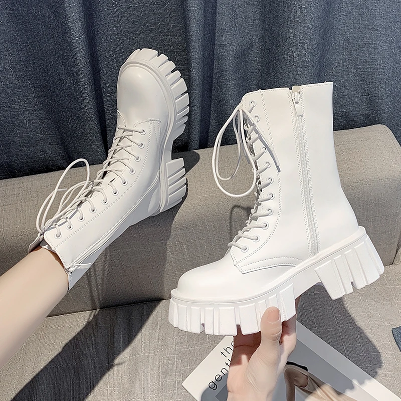 Rimocy White PU Leather Ankle Boots for Women 2022 Fashion Lace Up Chunky Shoes Woman Autumn Winter Platform Motorcycle Boots