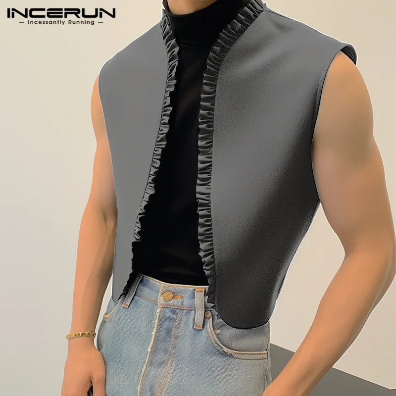 

Casual Simple Style Tops INCERUN Men's Ruffled Edge Patchwork Design Vests Fashion Solid Loose Sleeveless Waistcoats S-5XL 2024