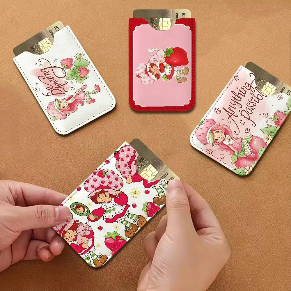 S-Strawberry-shortcake girl PU Leather Slim Credit Card ID Card Organizer Portable Business Card Case for Daily Outdoor Carry
