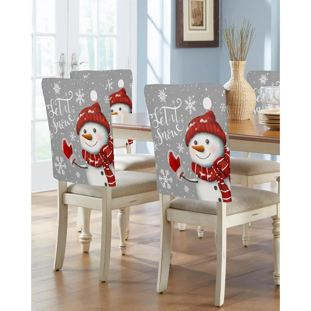 

Grey Snowman Christmas Chair Covers Set of 8 for Dining Room, Xmas Winter Snowflake Back Cover, Gray Removable Kitchen Chair