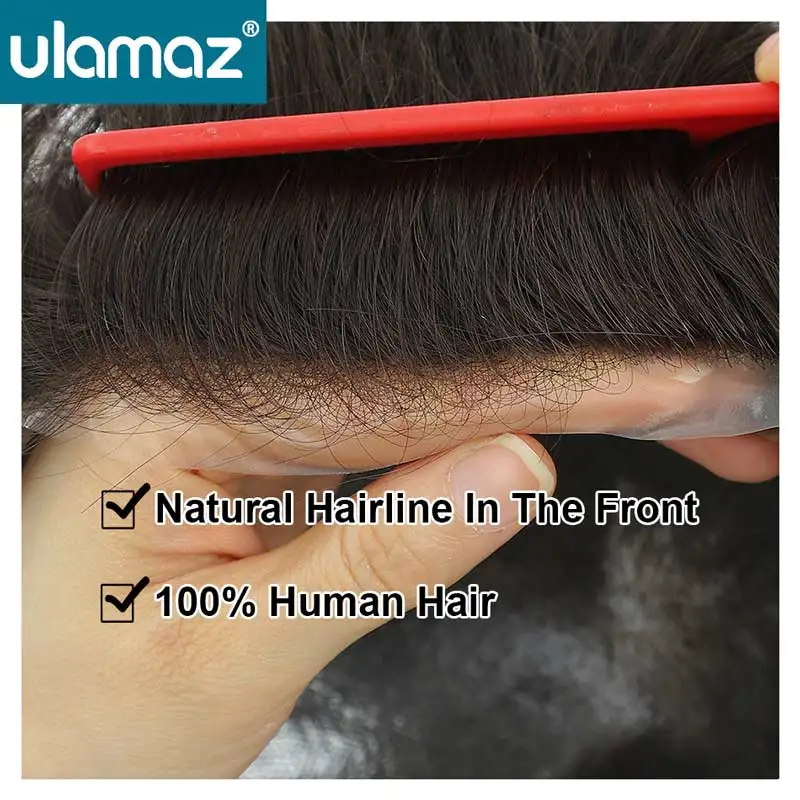 Natural Hairline Male Hair Prosthesis 0.06-0.08mm Skin Wig Human Hair Men's Wigs Thin Skin Hair System Man Knotted Wigs For Man