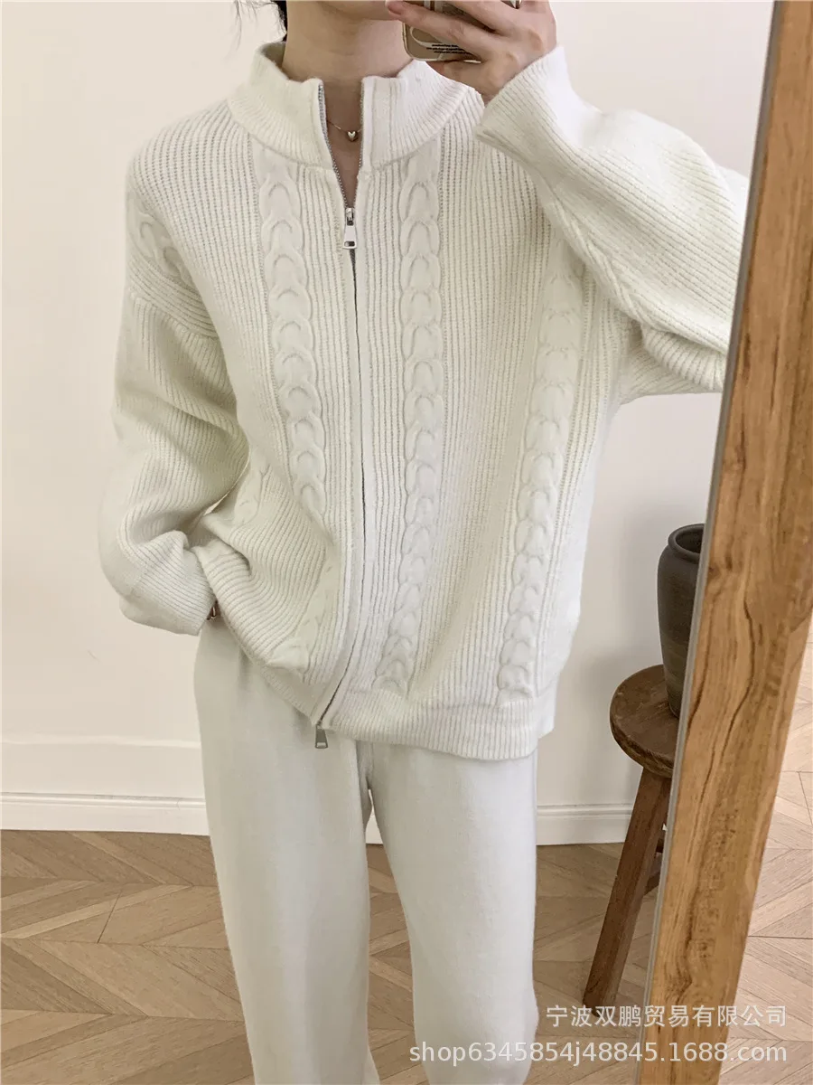 Women Two Piece Sets Pant Set Knit Solid Casual Full Sleeve Cardigan Elegant Zipper Sweaters Coats Straight Pant Suits