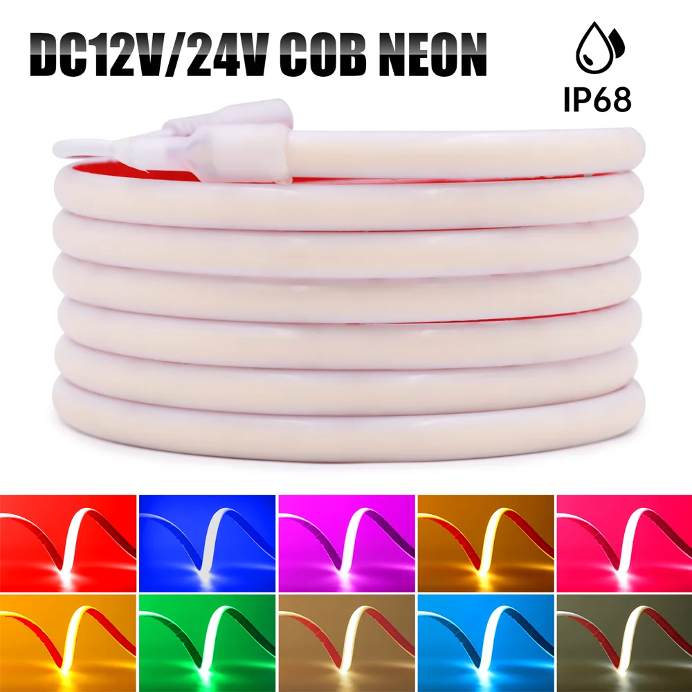 

IP68 Waterproof COB LED Strip Neon Light 12V 24V 320Leds/m Flexible Ribbon Tape RA90 High Density Liner Lighting White/Blue/Pink