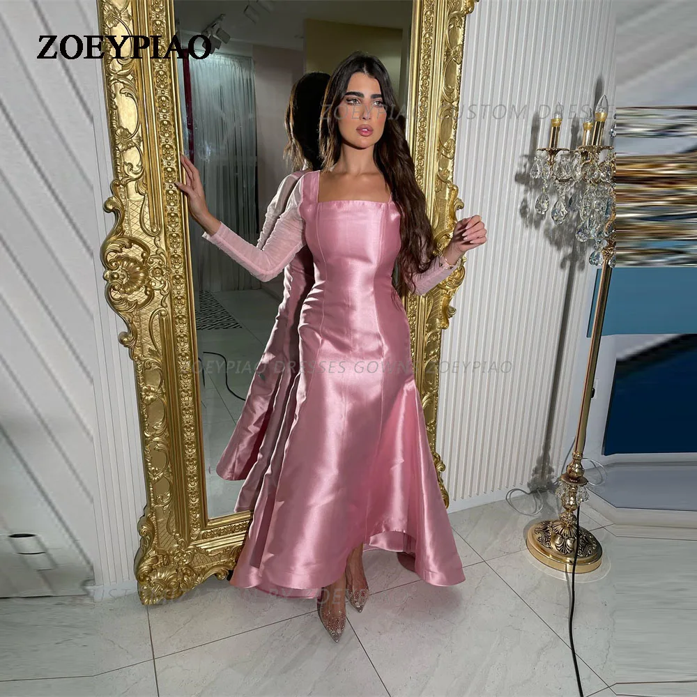 Hot Pink Mermaid Satin Prom Dresses formale Ruffles maniche lunghe abito da festa speciale abiti da sera da donna robes de soirée 2024