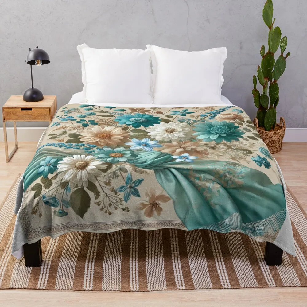 

KaNi - Flowers in Turquoise Throw Blanket Decorative Beds Winter beds Blankets