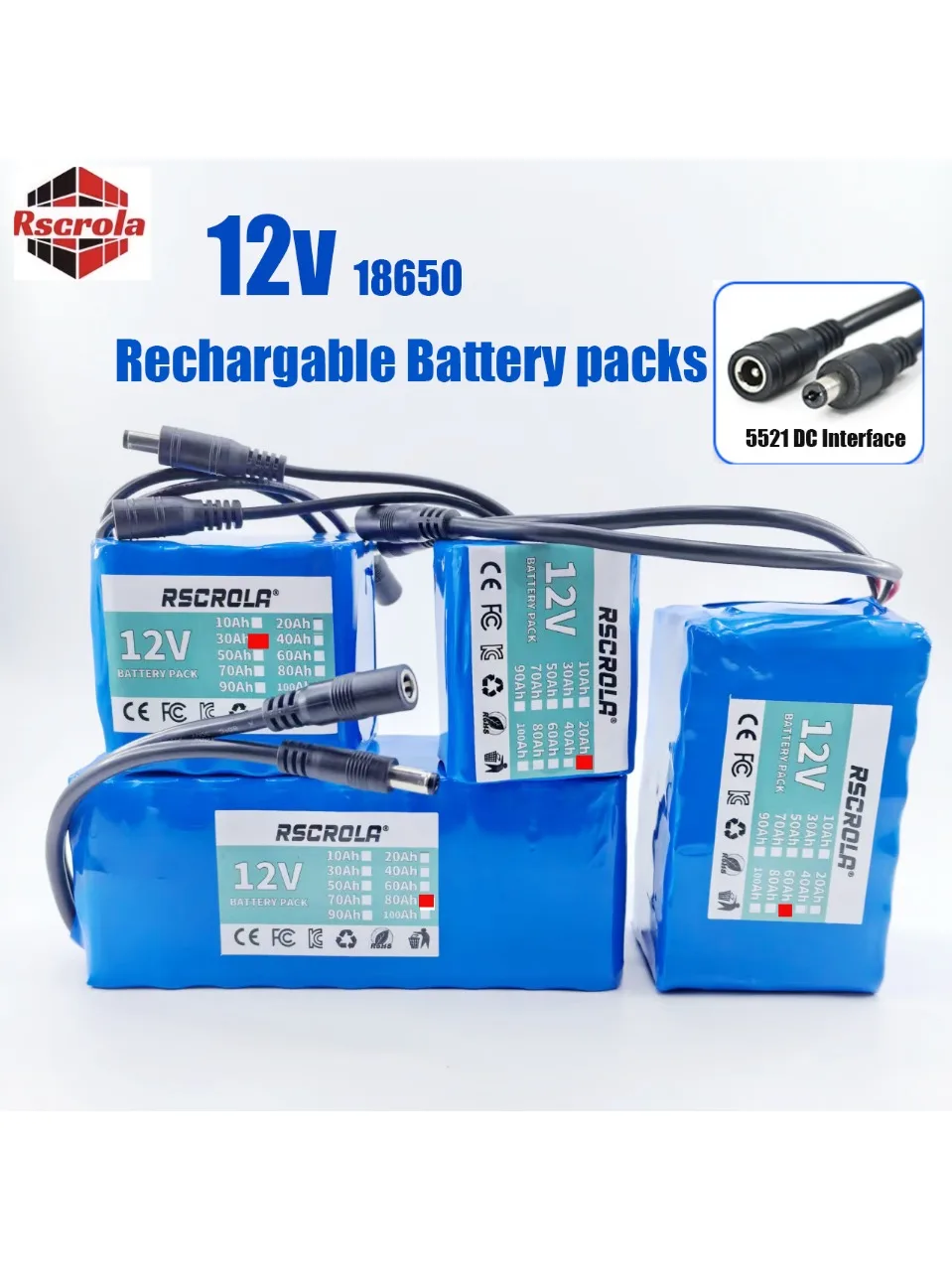 AliExpress Rscrola Rechargeable 12V 18650 Lithium Battery Pack with BMS, for Solar, LED Light, RC Model, Power Supply, Long Cycle Life with Charger