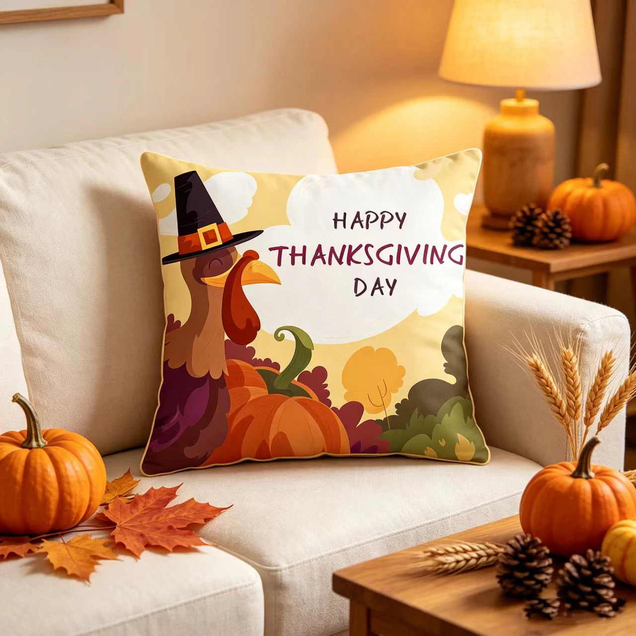 Thanksgiving Day Turkey Pumpkin Autumn Fall Throw Pillow Case Decorative Pillowcase Living Room Sofa Cushion Cover Home Decor