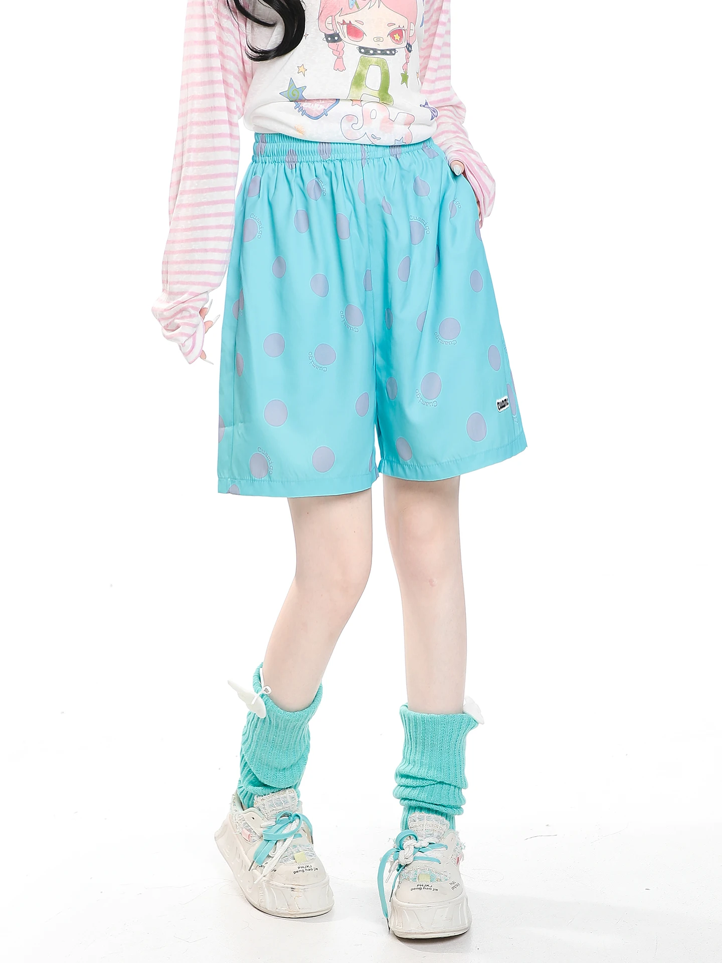 Retro Fun Color Block Polka Dot Wide Leg Five Shorts Women's Summer Rope Design Loose Casual Straight Short Pants