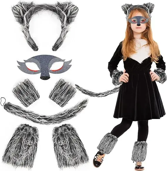 Wolf Ear Headband Tail Skirt Mask Suit Wolf Cosplay Costumes for Children Girls Ladies Birthday Gift Halloween Animal Dress Up