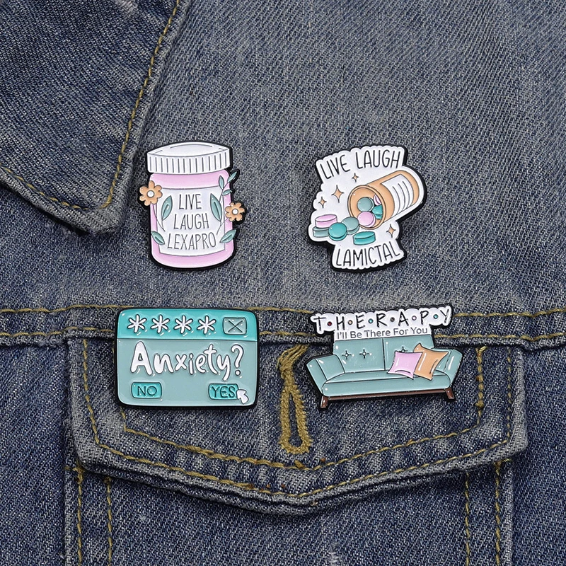 Therapy Anxiety Pill Creative Enamel Pins Live Laugh Cartoon Brooches Backpack Lapel Badge Accessories Gift for Friend Wholesale