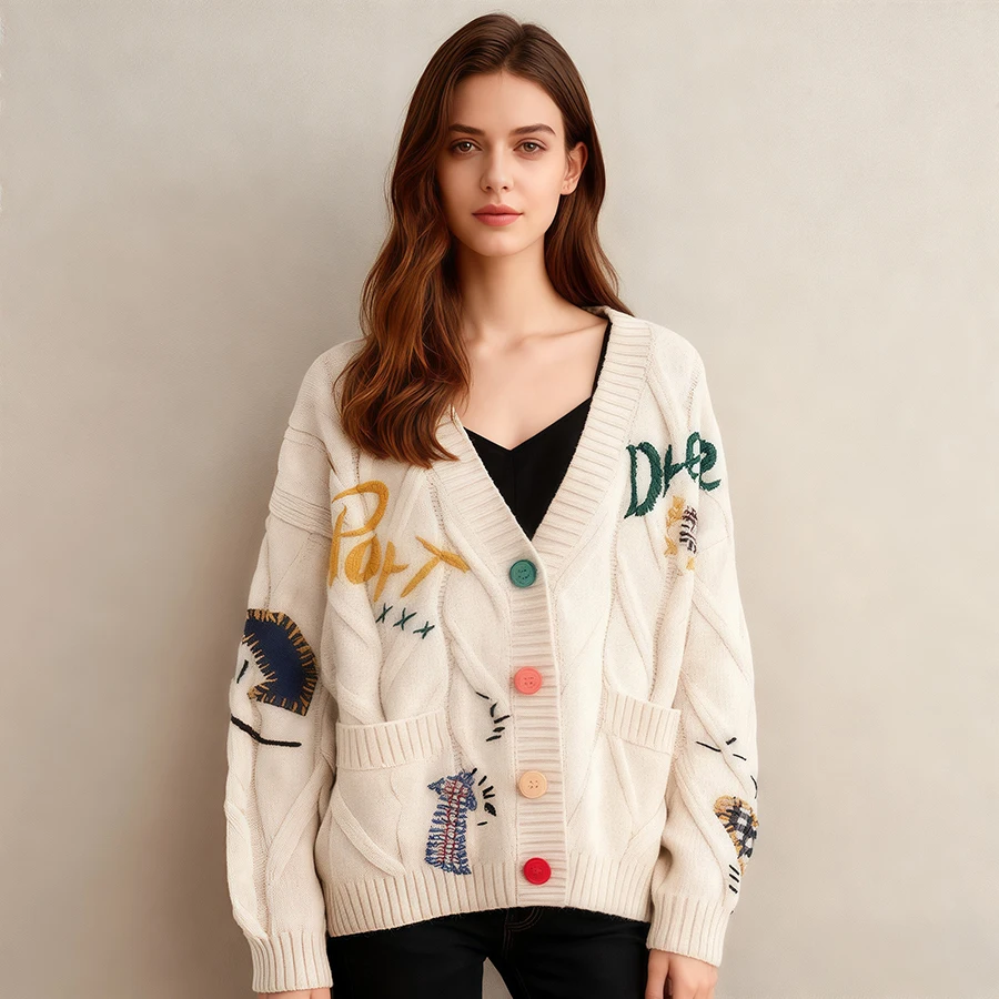

Новый вязаный кардиган с вышивкой, женский свободный свитер с v-образным вырезом, осень-зима, женская верхняя одежда, модный карманный джемпер с буквенным принтом