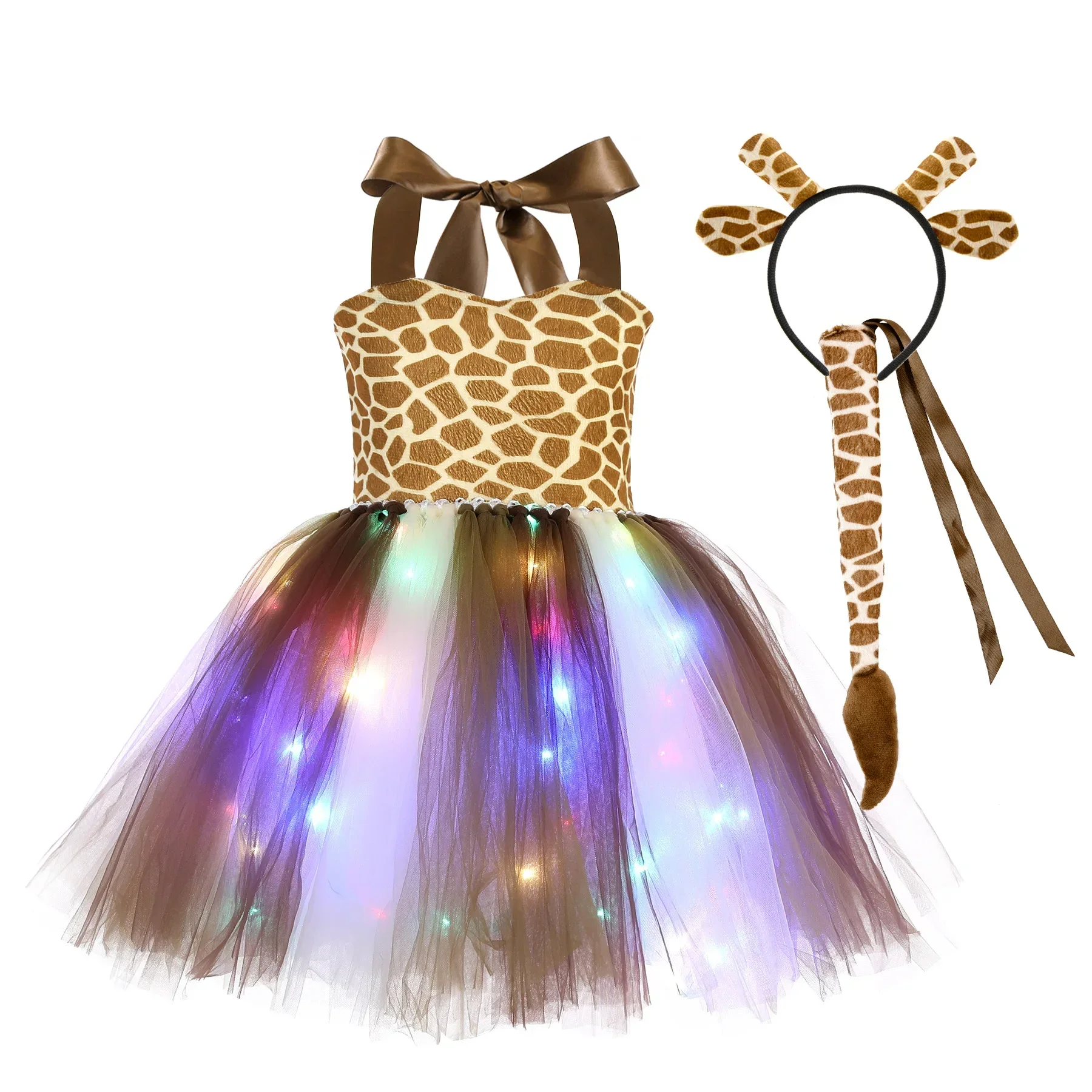 

Halloween Animal Cosplay Costume LED Light Dress Giraffe Cows Tiger Leopard Zebra Print Tutu Dress Birthday Party Kid Baby Girls