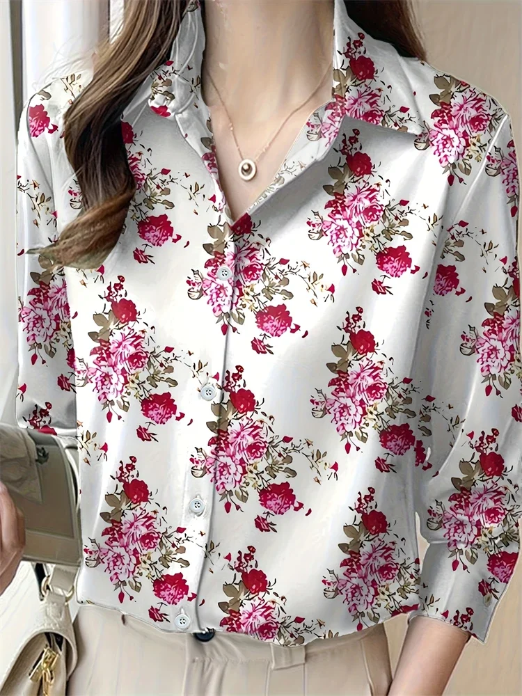 New Women's Lapel Long Sleeve Shirt Casual Loose Hundred Fashion Trend Flower Pattern Ladies Daily Outdoor Travel Clothing