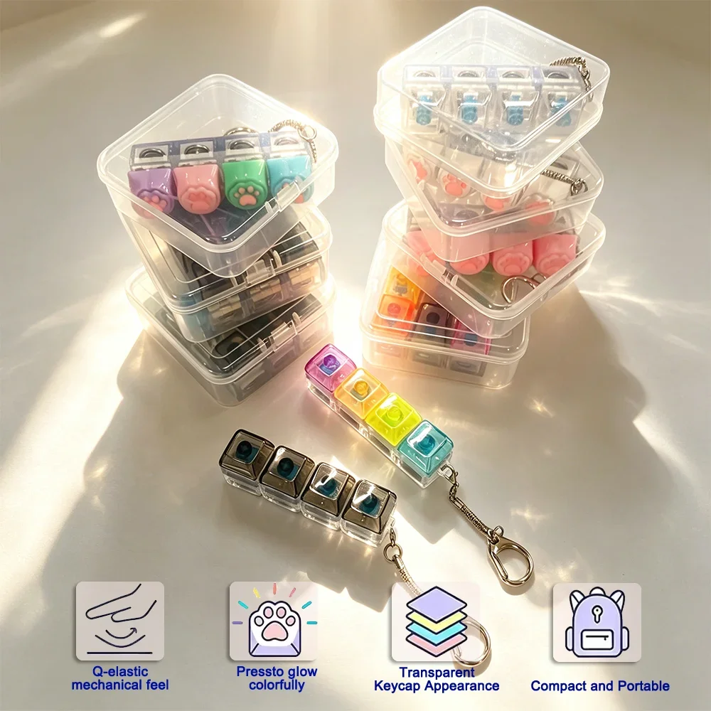 4-Button LED Light Up Keychain Clicker Fidget Toy Crystal Keyboard Button Stress Relief Sensory Accessory for Adults Car Office