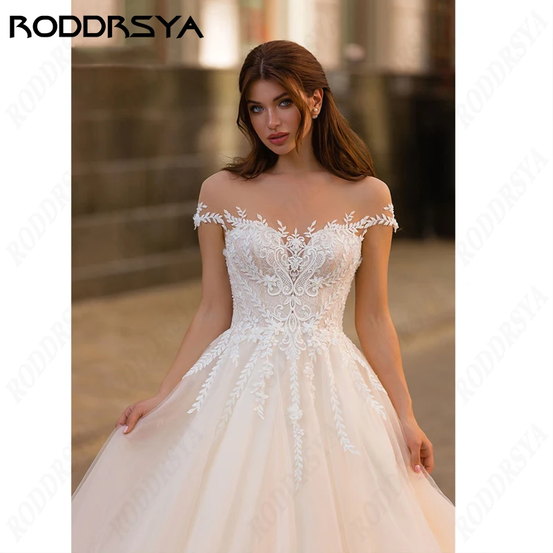 RODDRSYA vestido De novia De princesa, elegante vestido De novia De manga casquillo, cuello redondo, ilusión romántica De tul, botón trasero, fiesta De noviavestido De novia De princesa, elegante vestido De novia De ma