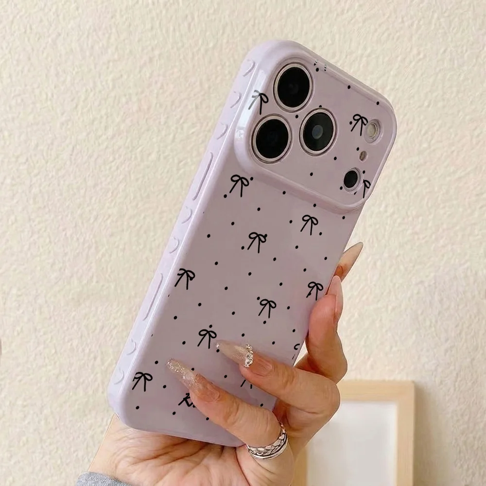 Large Window Phone Case for Apple iPhone 17 16 15 ProMax 17 16 15 14 13 12 11 Cases Matte soft case material Black Bow Polka Dot
