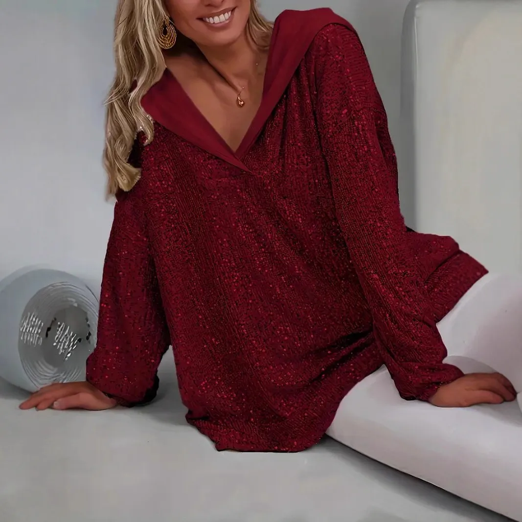 Y2k Women Hoodie Sequin Oversized Long Sleeve Hooded Sweatshirt Mesh Overlay Shiny Fabric Sweatshirt Loose Fit Drop Shoulder