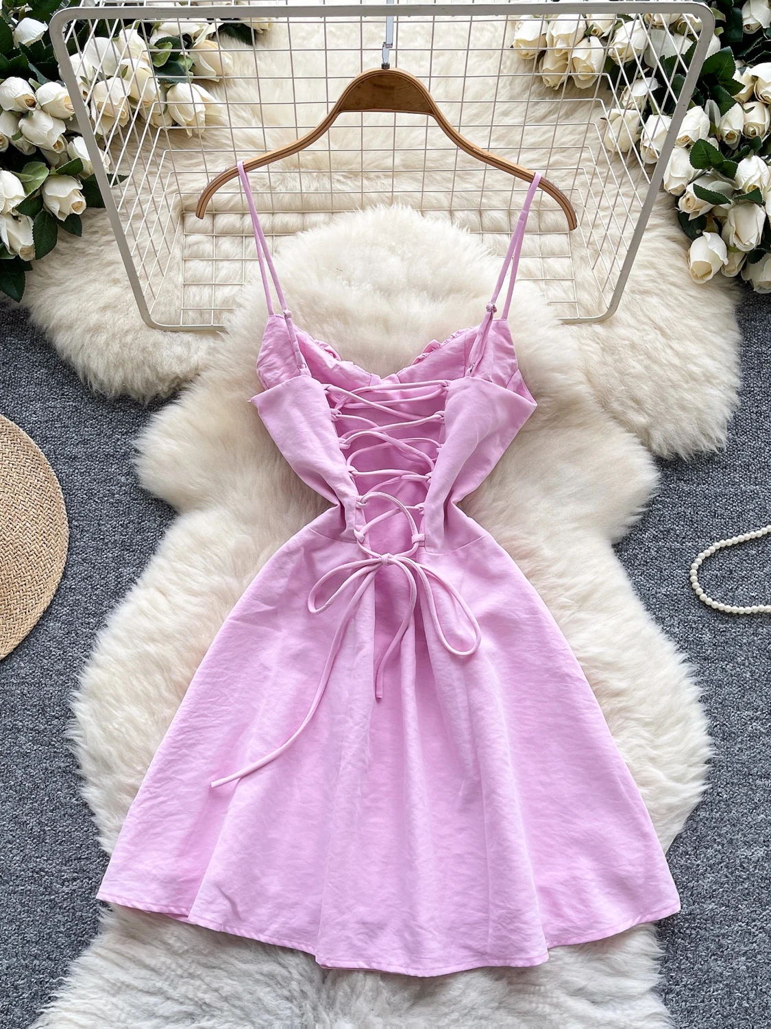 فستان صيفي نسائي بتصميم عطلة الشاطئ، برباط خلفي مثير، يبرز الخصر، تنورة قصيرة بأسلوب كوري عالي الخصر