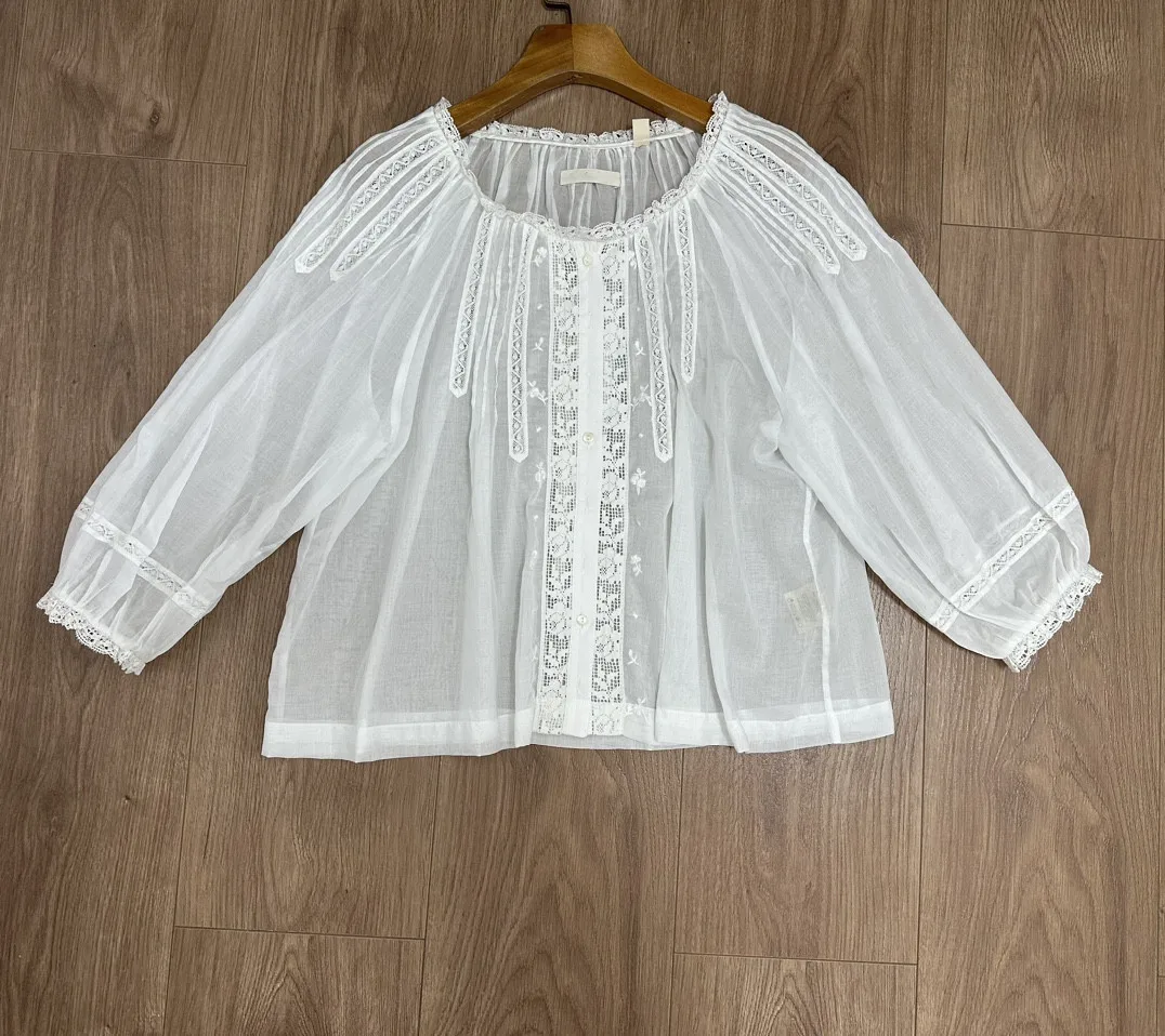 Women Shirt Single Breasted Lace Hollow Out Embroidery Stitching Casual 100% Cotton Blouse