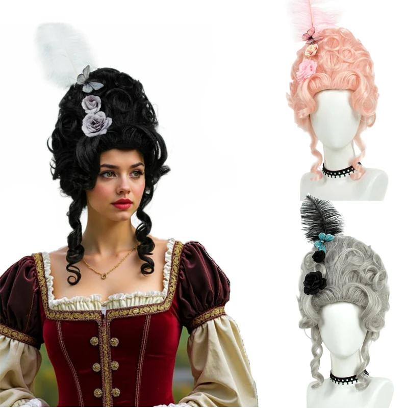 Peluca victoriana del siglo XVIII para disfraz rococó Halloween Marie Queen Cosplay pelo barroco Vintage colmena reina pelucas sintéticas