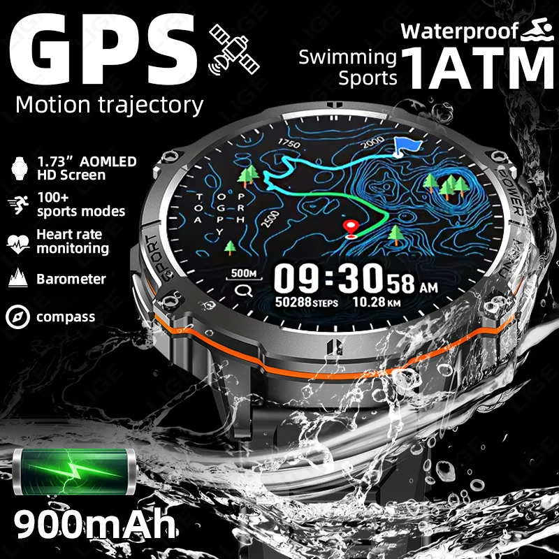 

LIGE новые уличные военные 900 мАч умные часы для мужчин 1,73 "AMOLED GPS трекер компас высотомер водонепроницаемые спортивные умные часы для фитнеса