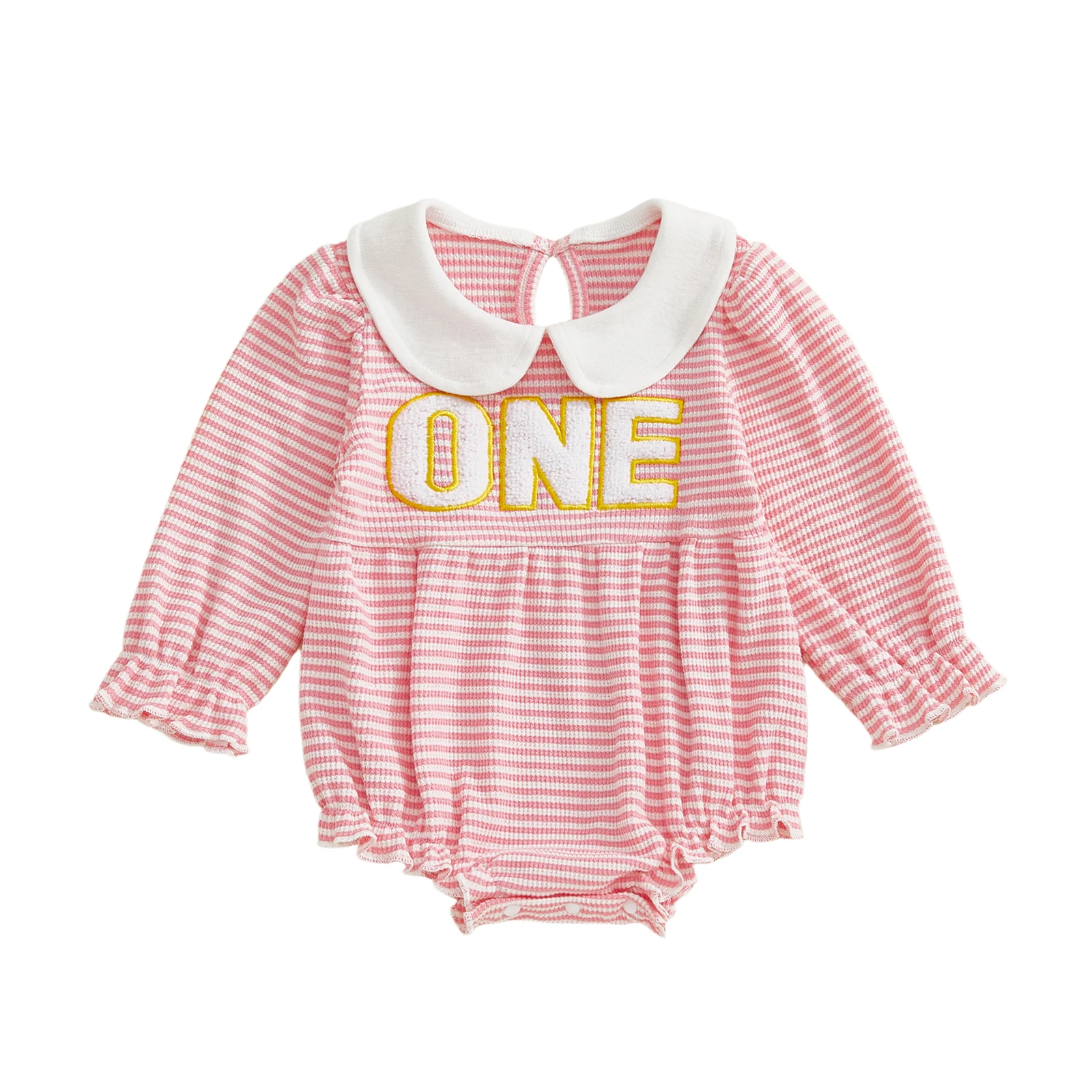 

Baby Girl Birthday Striped Romper Letter Embroidered Doll Collar Ruffle Trim Long Sleeve Jumpsuit Cute Clothes