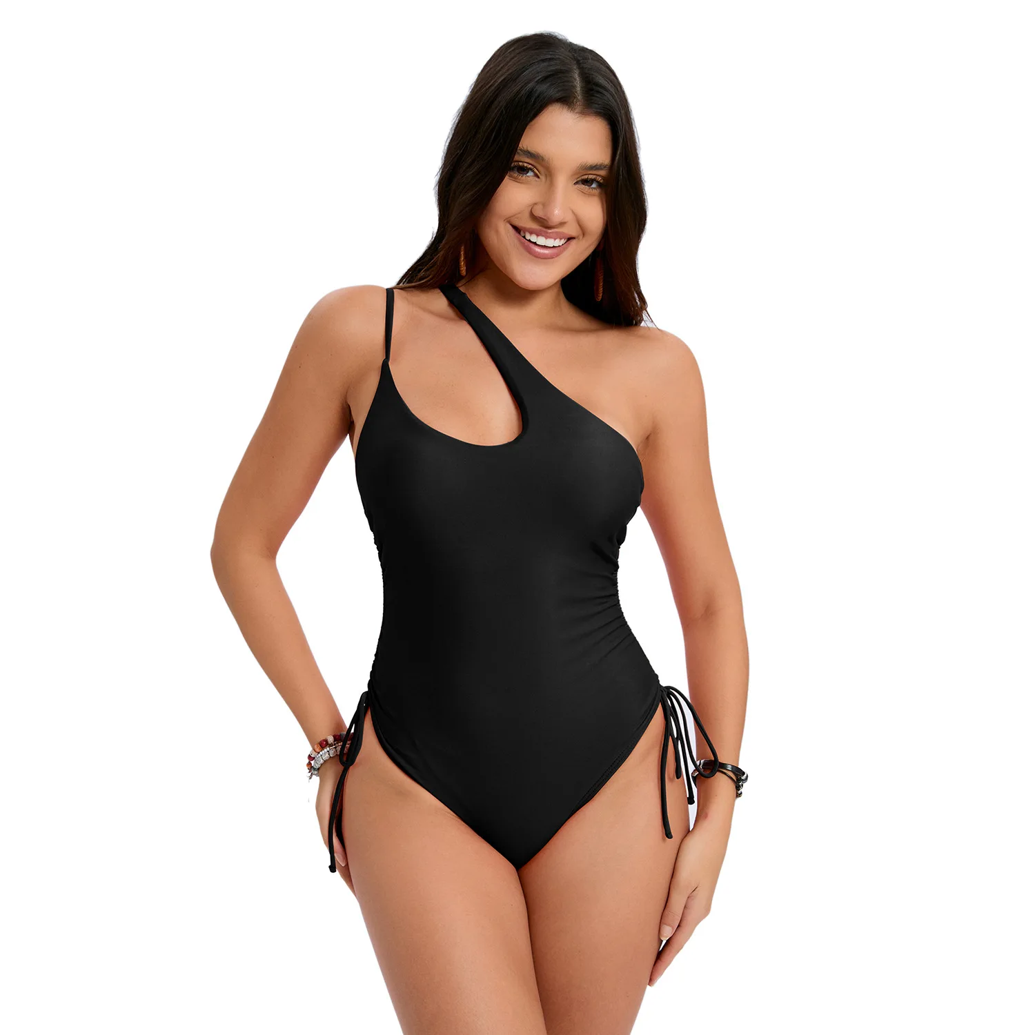 2025 New Swimsuit Slanted Shoulder Strap European and American Backless Swimsuit Sexy Strap Drawstring One-piece Swimsuit