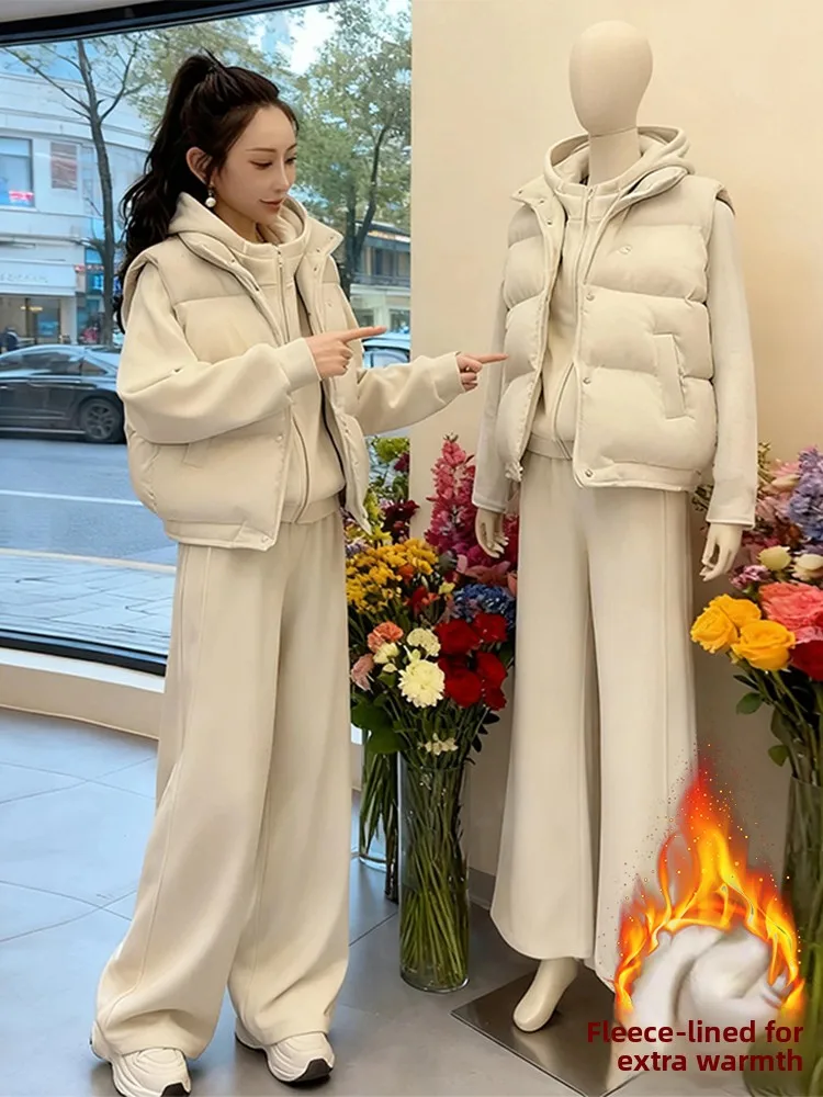 

Warm Fce Lined Thiened Women's Sweatirt Wide Leg Pants Vest Tee Piece Set Winter 2026 Slimming Effect European Sle