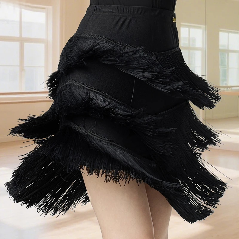 أسود تشاتشا اللاتينية الرقص التنانير النساء كامل مهدب تنورة الكبار رومبا سامبا قاعة الرقص التنانير ملابس الرقص Stgae DW10854