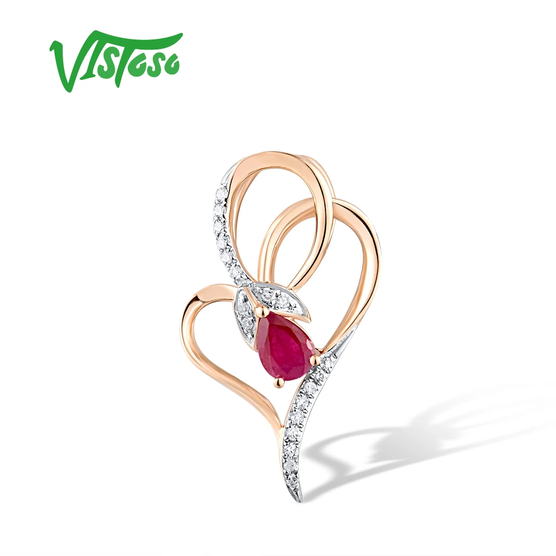 

VISTOSO Real 14K 585 Rose Gold Pendant For Women Sparkling Ruby Diamond Heart Flower Simple Fine Cute Jewelry