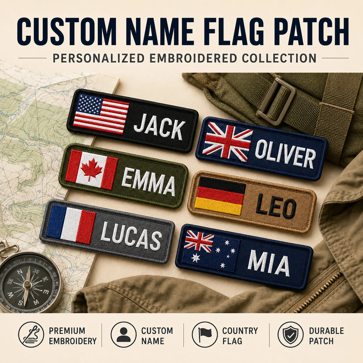 Custom Name Flag Patches Personalized Embroidered Country Badge Hook and Loop for Jackets Backpacks Uniforms Teams Outdoor Gear