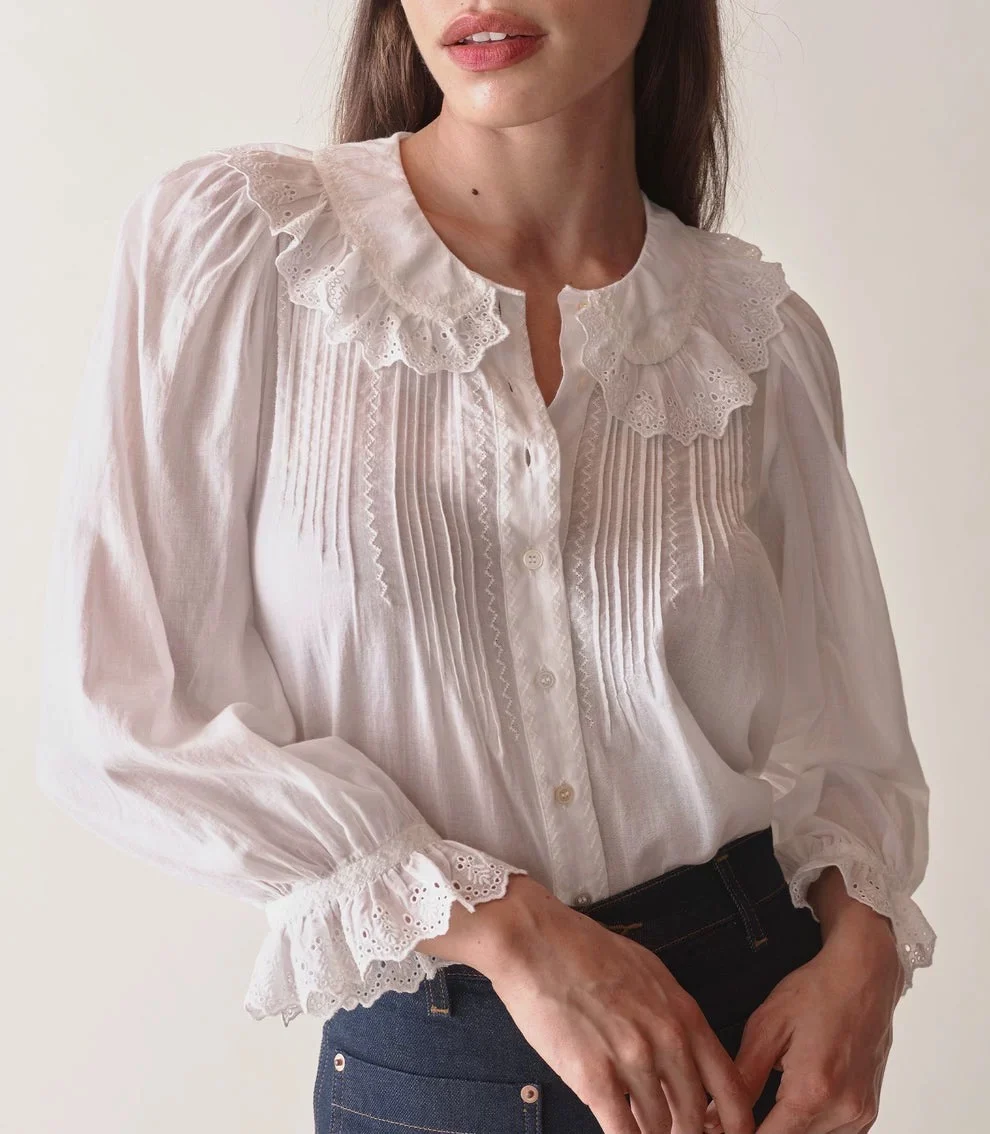 

Women's 2024 spring/summer new niche lace lapel retro loose bubble sleeve shirt top