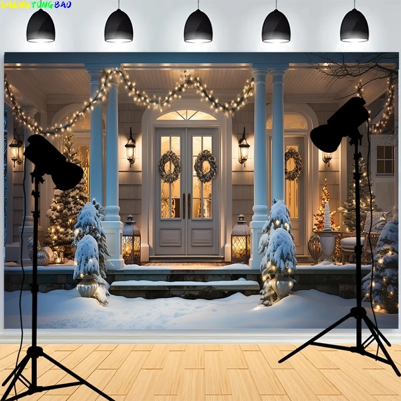 

Christmas Day Background Fireplace Living Room Decoration Snowflakes Pine Tree Family Party New Year Photography Backdrops XH-04