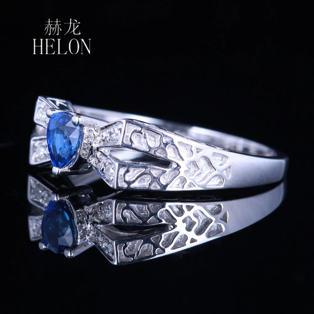 HELON Solid 14K AU585 White Gold Pear 4x5mm Genuine Natural Sapphire Diamond Engagement Ring Women Wedding Vintage Fine Jewelry