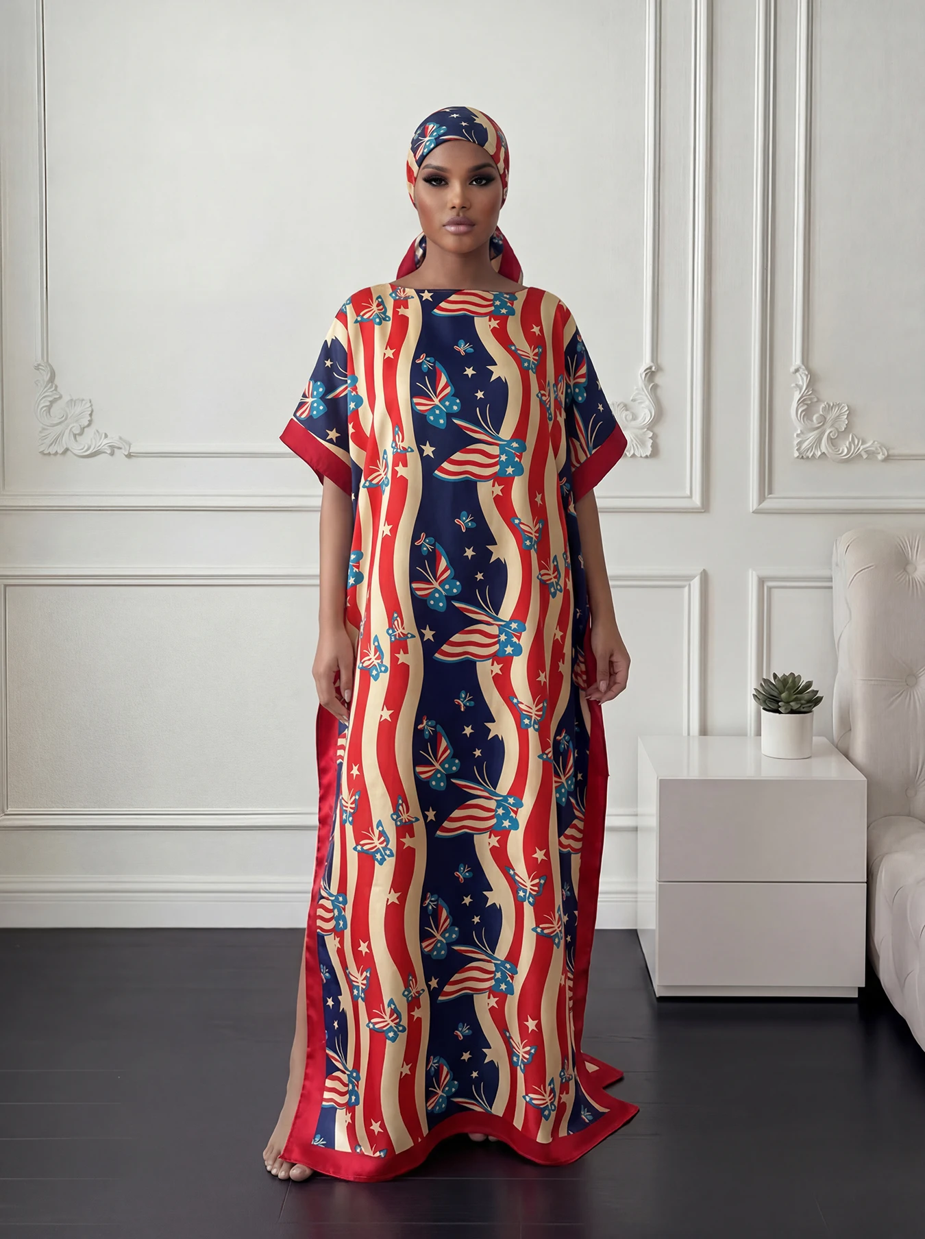 Summer Stripe Butterfly Print Abaya With Scarf, Loose Batwing Maxi Kaftan Dress For African Muslim Women Beach Holiday Wear