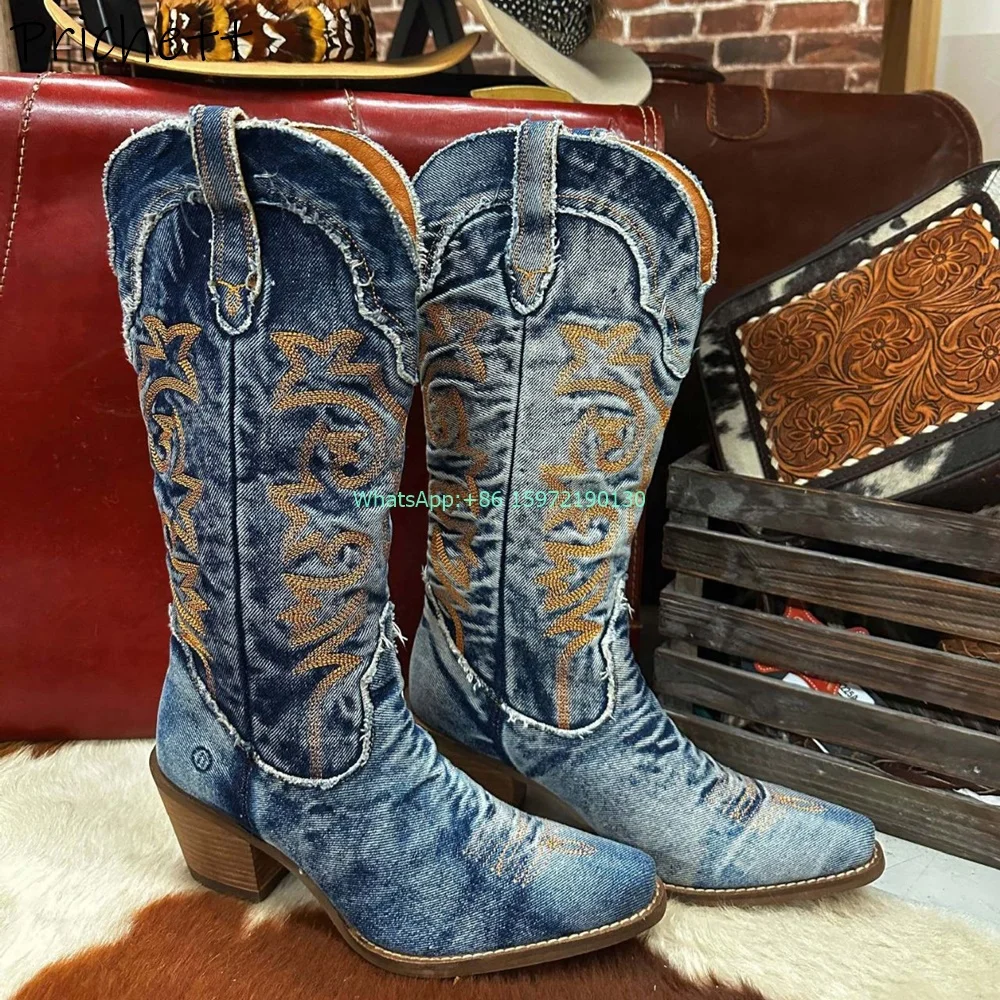 

Print Denim Blue Cowboy Boots Pointy Toe Slip On Square Heels Adult Knee High Shoes Punk Winter Large Size Women's Knight Boots