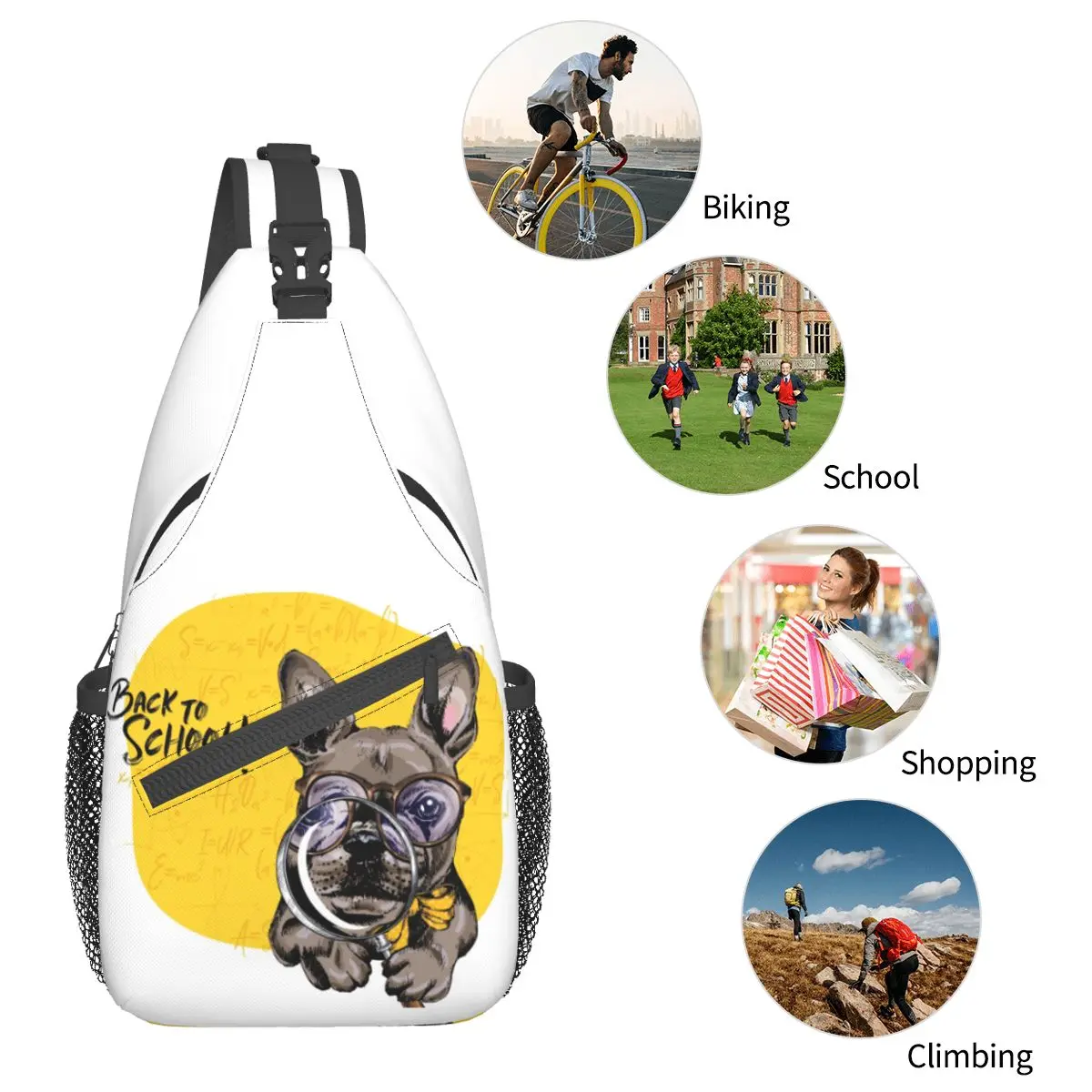 French Bulldog Back To School Small Sling Bag Peito Crossbody Shoulder Sling Mochila Caminhadas Viagem Daypacks Cute Dog Homens Mulheres