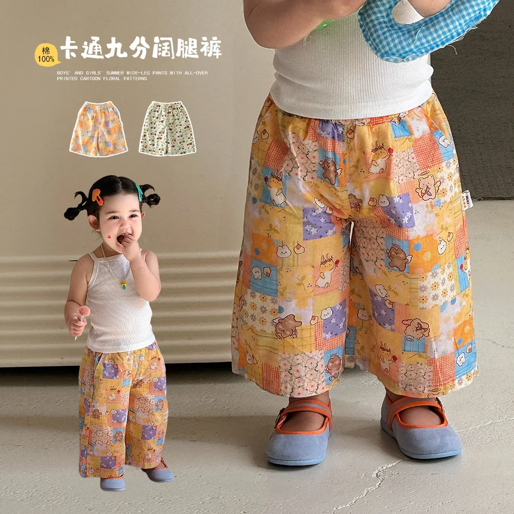 

2026 New Kids Summer Cute Bear All Over Print Capri Pants Loose Casual Thin Breathable Toddler Boys Girls Daily Outdoor Pants