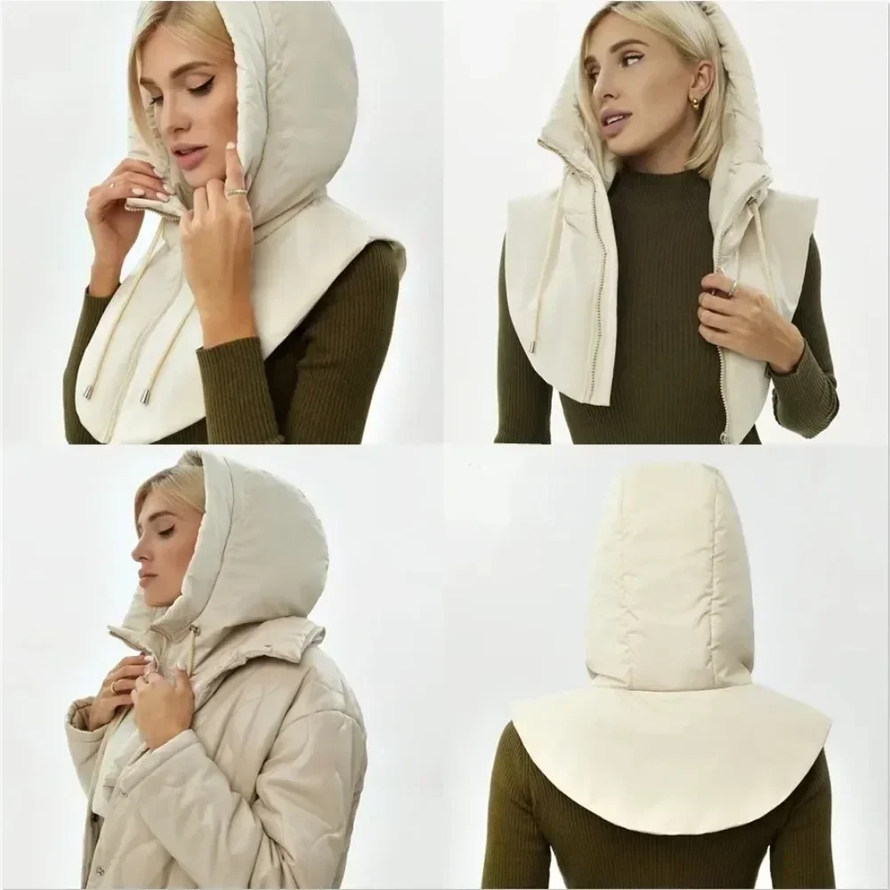 Winter Ultralight Down Hooded Hats For Women  Warm Ring Scarf Balaclava Hat Neck Zippper Drawstring Coat Scarf Short Tank Top