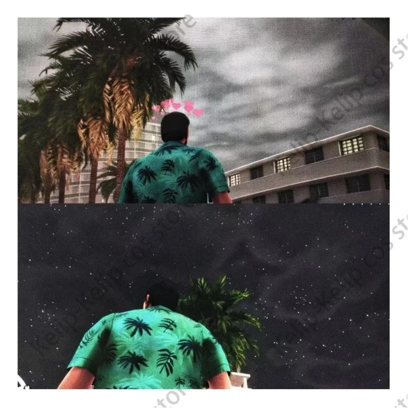 [Olmee] auf Lager Vize Tommy Cosplay Kostüm Vercetti Grand Auto Protagonist Spieler Küste Stil Strand blau T-Shirt Halloween