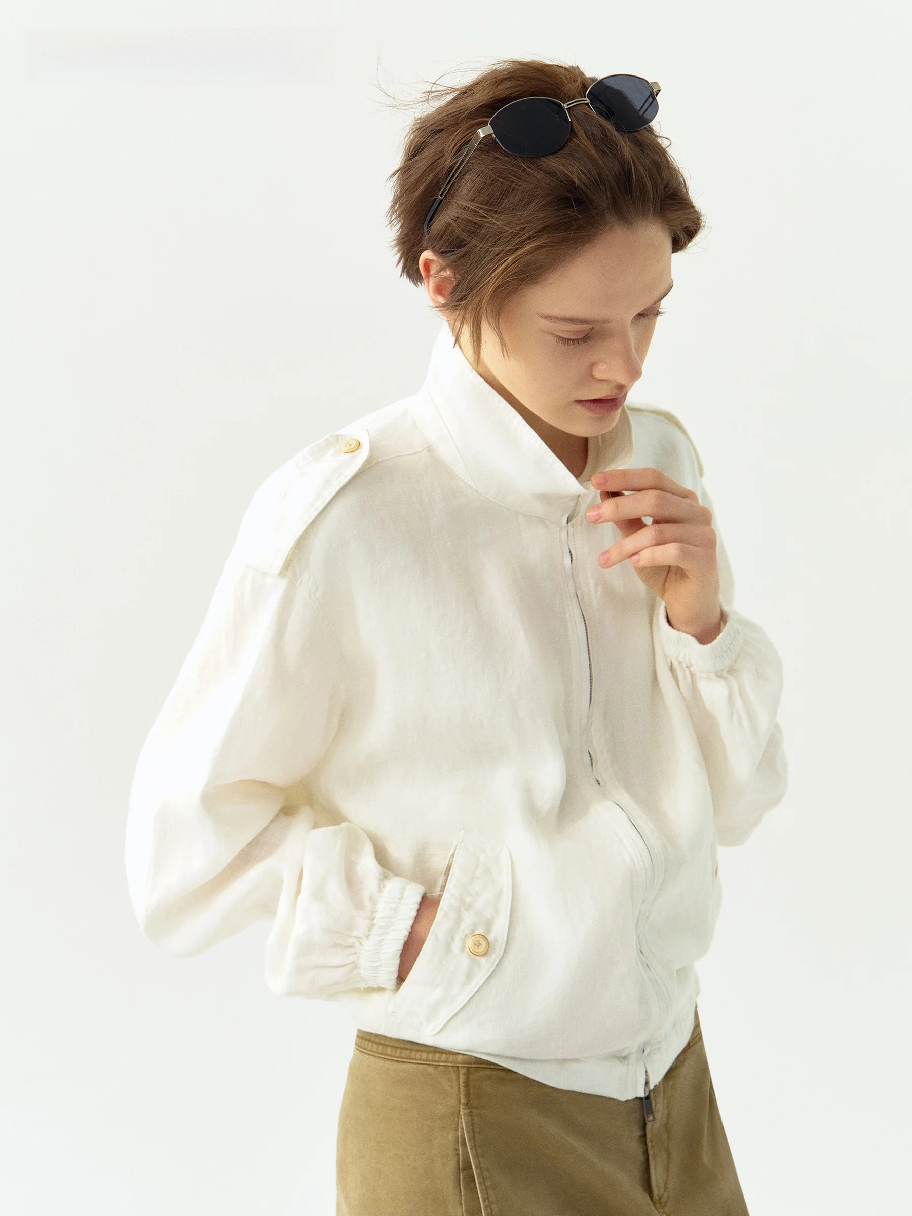 VERMO 100% Linen Washed Natural Crease Loose Stand Collar Casual Jacket Outerwear Short Coat Zipper Closure Long Sleeve