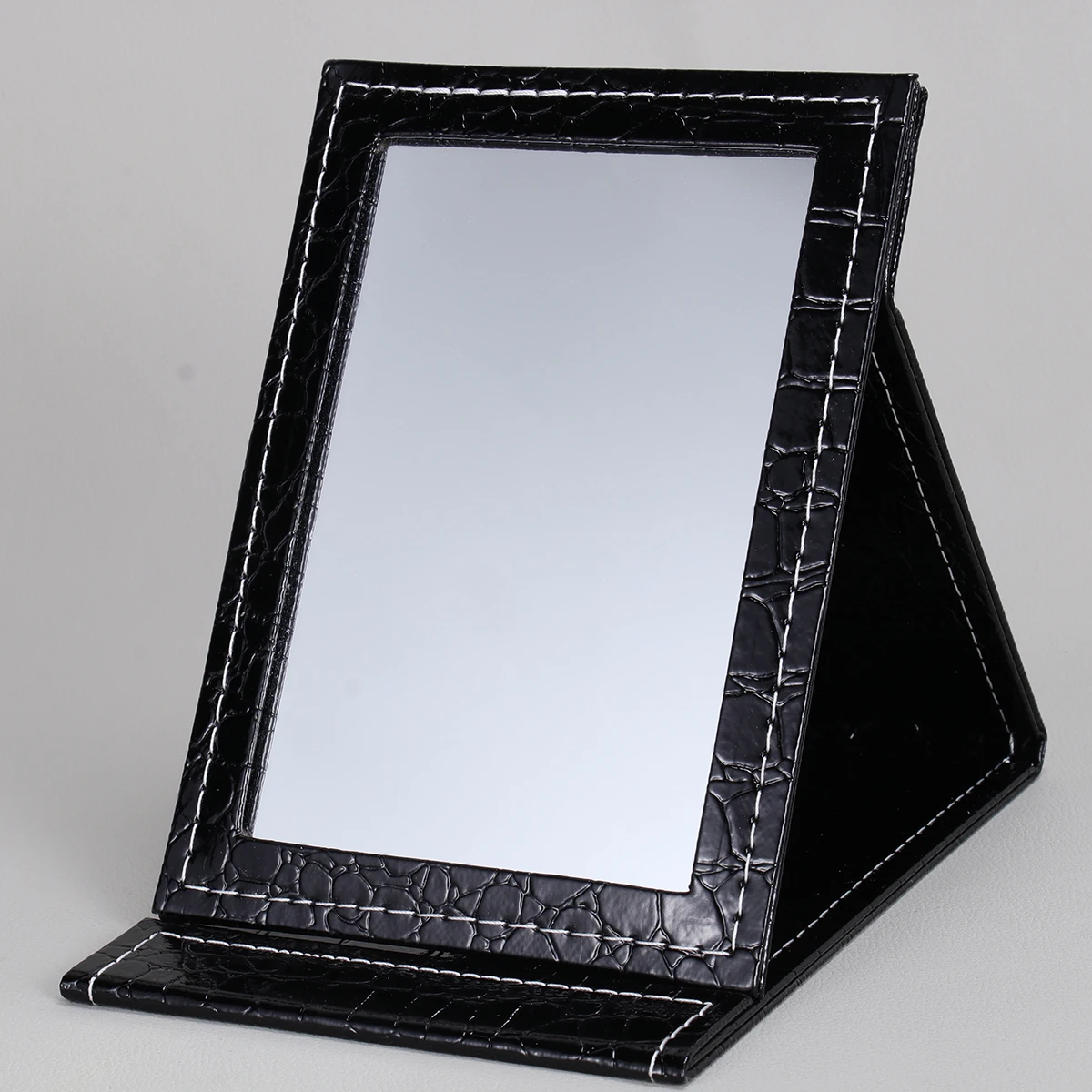 Desktop Makeup Mirror L Size Black PU Portable Foldable Lighted Glass for Clear Daily Travel Use