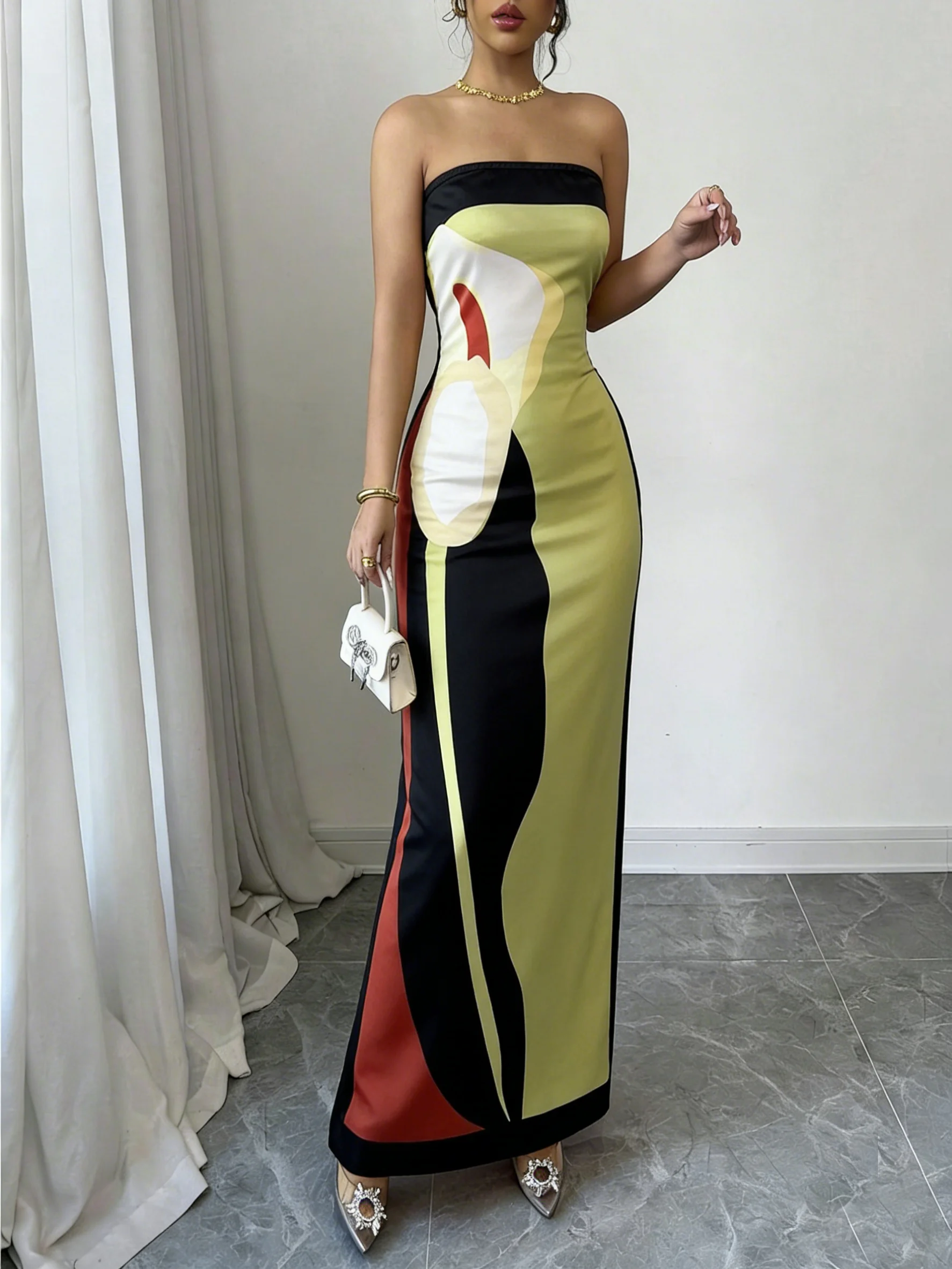 

Макси-платье женское весенне-летнее, разноцветное, с абстрактным принтом, без бретелек, облегающее, элегантное, сексуальное, для свиданий, вечеринок и торжественных мероприятий