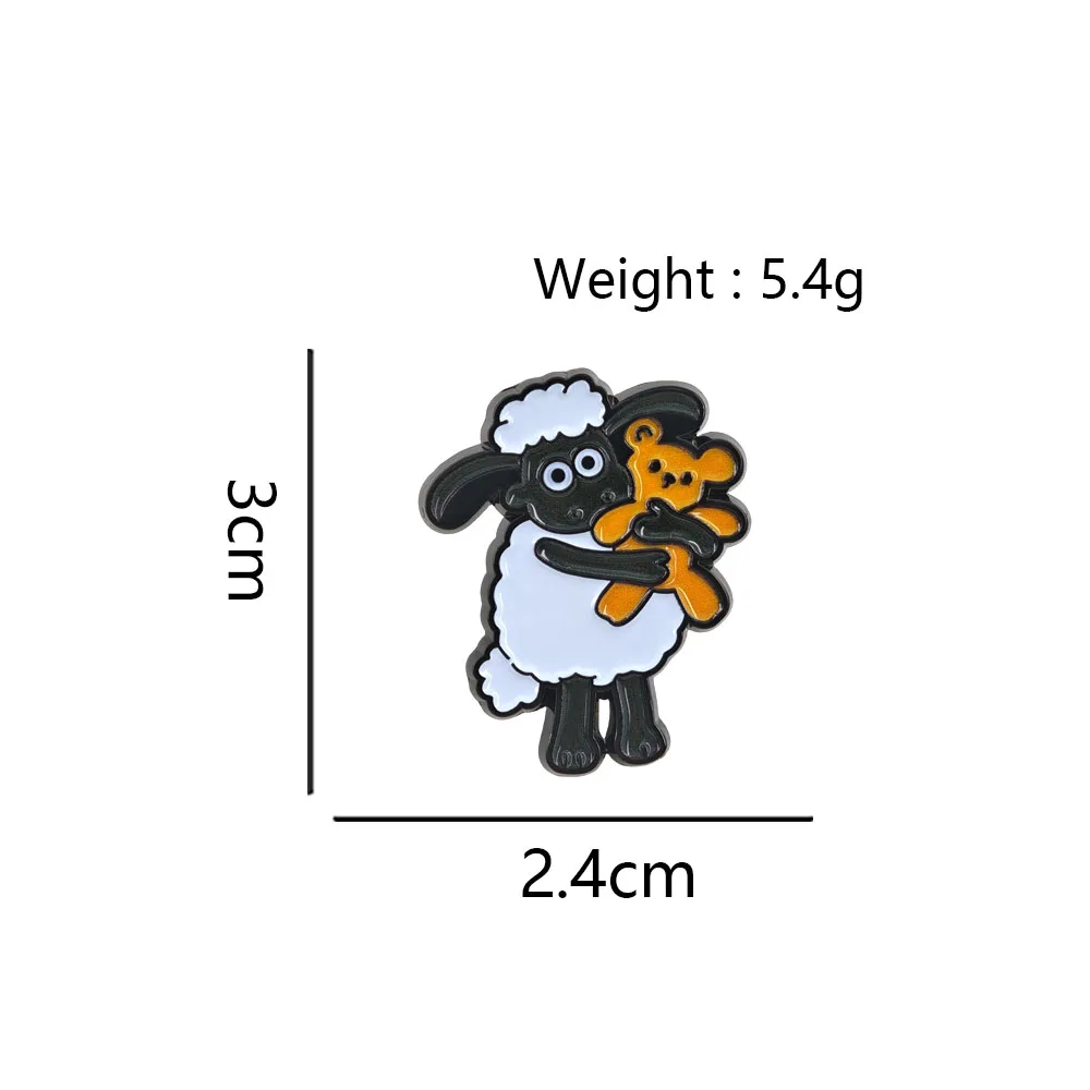 Cute Black White Cartoon Sheep Hugging Bear Doll Enamel Pin Metal Lapel Brooch Clothing Backpack Decor Movie Fan Collectible Gif